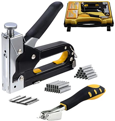 Juego de grapadora de mano, pistola de grapa, pistola de grapas 3 en 1 de alta resistencia, grapadora de 3 vías con 3000 grapas para carpintería, cable, tela, pared, grapadora manual de bricolaje