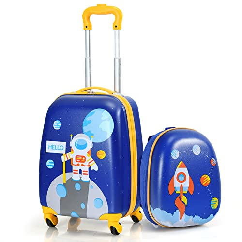 GYMAX Kids Carry On Luggage Set, 12 & 16 2PCS Rolling Suitcase (Rocket & Astronaut)