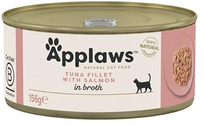 Applaws 100% Natural Premium Wet Cat Food Tuna Fillet with Salmon in Broth 24 x 156g Tin