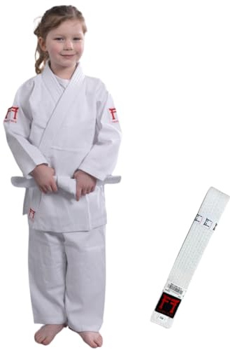 FIGHTINGFILMS Kimono judo enfant en toile 185gr coton de qualité supérieur Ceinture blanche offerte Taille 110cm