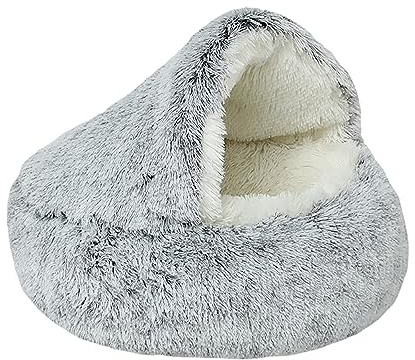 NTUQCAW Dog Cave Bed for Small Dogs Cats Pets, Anti Anxiety Calming Round Plush Dog Beds, Fluffy Covered Hooded Cozy Burrow Puppy Beds, Anti-Slip Bottom Washable Pet Sleeping Bag (20 D, Grey)
