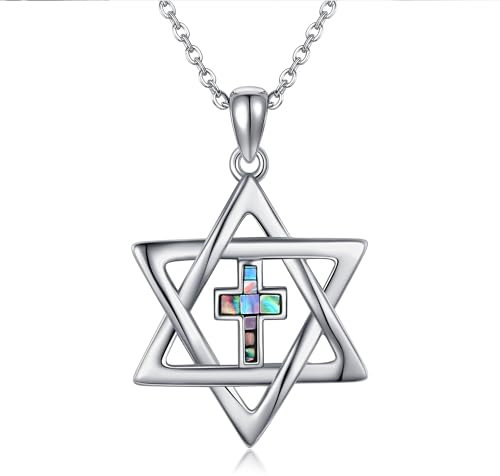 JERWLI Davidstern Kette 925 Sterling Silber Abalone Muschel Kreuz Davidstern Anhänger Halskette Davidstern Schmuck Judeo Christlicher Religiöser Geschenke für Damen Frauen Männer