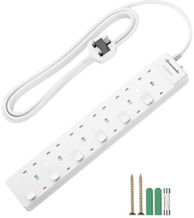 DEWENWILS 6 Way Surge Protected Extension Lead, Individual Switches and Indicator Lights, Extension Cable 3M, 13 Amp 6 Gang Power Strip, 3250W, Wall Mountable, White