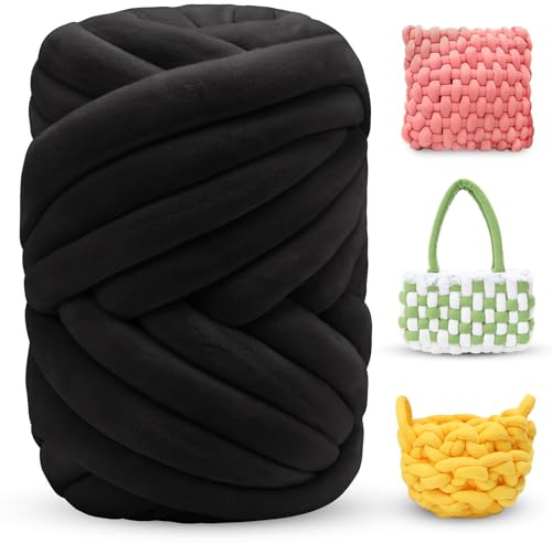 LEREATI Thick Chunky Yarn for Arm Knitting Jumbo Tube Soft Chunky Knit Blanket Velvet Yarn for Crocheting Handbags Hand Knitting Pet Bed Rugs Pillows Crafts (500g, Black)