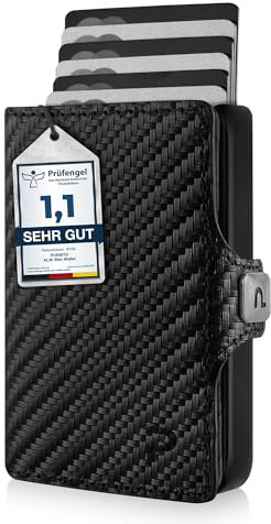 PURISTO KLIK Minimal Slim Wallet - Mini Kartenetui und Geldbörse für Herren aus Echtleder - Kleines Portemonnaie mit RFID Schutz für 6-8 Karten - Carbon
