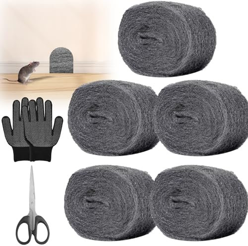 5 Stück Stahlwolle Gegen Mäuse 15m mit Schere & Arbeitshandschuhen, Mäuse Stahlwolle, Wirksam Stahlwolle Gegen Mäuse, Stahlwolle für Löcher und Wand Risse, Gegen Nagetiere Steel Wool für Haus,Garten
