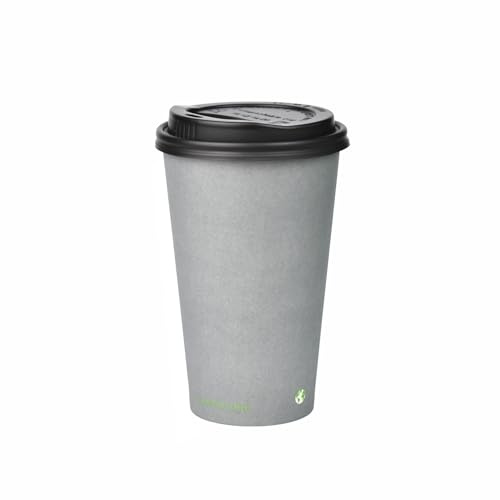 BIOFUTURE Tazas de café biodegradables, vasos de papel desechables con tapas, hechas de material PLA de alta calidad, diseño ecológico y sostenible, certificado EN 13432 (paquete de 50) (gris, 16
