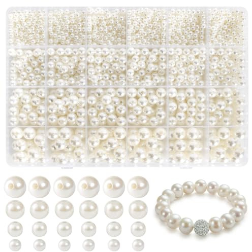 Homirty 1890 Piezas Imitación de Perla, Perlas Redondas Blancas, Cuentas para Pulseras Redonda con Agujeros, Perlas Decorativas de Abalorios para Pulsera, Perla Manualidades de Plástico, 4/6/8/10mm