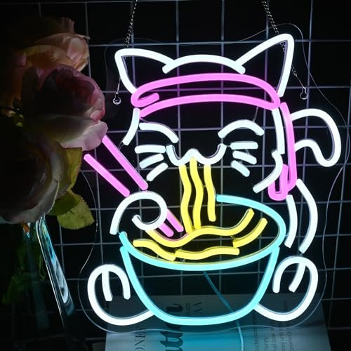 LUCUNSTAR Lucky Cat Ramen Neon Schild,Dimmbares Japanisches LED Schild,Leuchtschilder an der Wand,Light Signs für die Dekoration von Ladenschildern,Küche, Esszimmer, Hausbar,Wandkunst,Geschenke