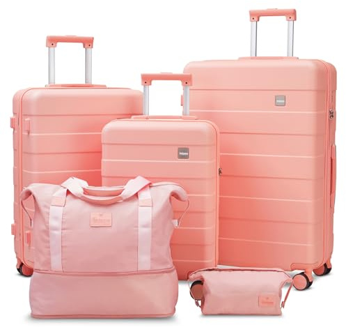imiomo Juego de Maletas, 5 Piezas Equipaje Set Trolley de Viaje, Maleta de Mano Gran Espacio, Rodillo de 360° y Cerradura TSA Incluidas 1 Neceser y 1 Bolsa
