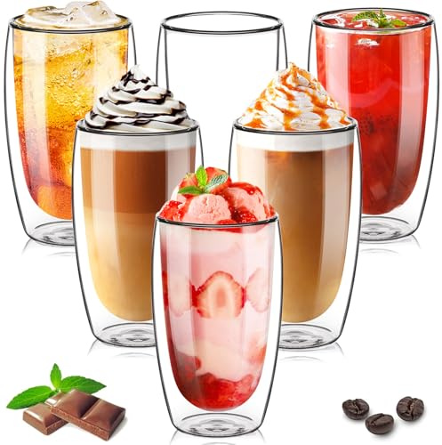 TKNO Set of 6 450ml Double Walled Tall Coffee Glasses Mugs Cups, for Coffee Tea Milk Juice Ice Cream Dessert Borosilicate Heat Resistant Large Glass Cups, Microwave Safe, Ideal for Hot and Cold Drinks