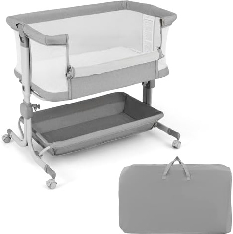 LIFEZEAL Culla Neonato, Next to Me, con Materasso, Cestino Portaoggetti, Ruote e Borsa da Trasporto, Lettino Bambino, Regolabile in Altezza a 6 Livelli, Lettini per Bambini, 0-6 Mesi (grigio scuro)
