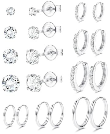 JeweBella 10 Pairs Hypoallergenic Stud Hoop Earrings Set for Women Men Small Silver/Gold Surgical Steel Earrings Zirconia Ball Tragus Cartilage Earrings Set for Multiple Piercings