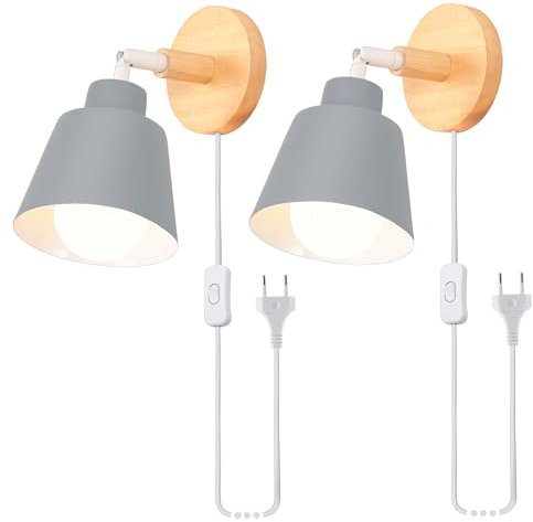 iDEGU - Lote de 2 apliques de pared retro vintage E27, lámpara industrial de madera y metal ajustable, lámpara de pared interior con enchufe e interruptor de aplique moderno para dormitorio, salón,