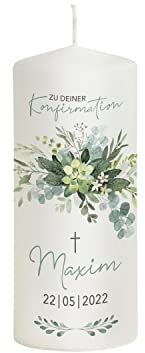 Scheinvoll® Konfirmationskerze Junge personalisiert mit Namen, Datum und Spruch - Modell Maxim - Andenken und Konfirmationsdeko (20 x 8 cm)
