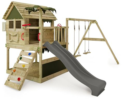 FATMOOSE TikaTaka Town - Torre da gioco, XXL, con altalena e scivolo antracite, per bambini, con sandbox, scala e accessori da gioco per il giardino