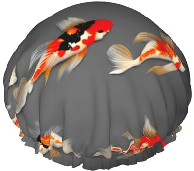 Gorro de baño tradicional con estampado de carpas koi con lunares, gorro de ducha de doble capa para mujeres y hombres, reutilizable, ligero y suave