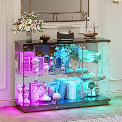 Gurexl RGB Vitrina de Cristal con Luces Dinámicas y USB,Vitrinas de exposición con Sensor de Movimiento,Vitrinas Coleccionistas con Puerta de Cristal con Cerradura para Sala de Estar,Oficina,Negro
