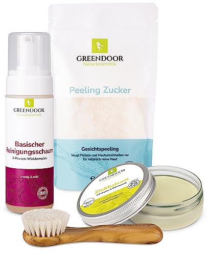 GREENDOOR Anti-Pickel-Set Exclusive, Anti Pickel Balsam + basischer Reinigungsschaum + Gesichtspeeling + weiche Premium Gesichtsbürste Olivenholz, Naturkosmetik natürlich ohne Tierversuche