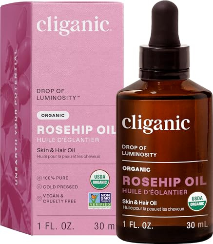 Cliganic Organic Rosehip Seed Oil for Face, 100% Natural Cold Pressed, 1oz