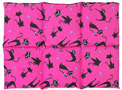 Saco térmico con huesos de ceresas 40x30cm compartimentado en 6 - gato negro fondo fucsia - Almohada térmica para microondas - Calor y frío - Cojín térmico con semillas