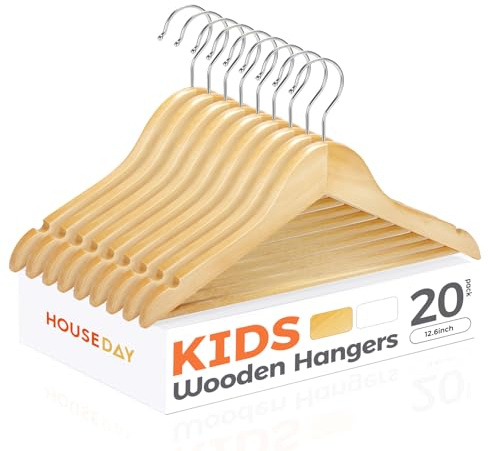 HOUSE DAY Wooden Baby Hangers for Closet 20 Pack, Kids Wooden Hangers for Baby Clothes, Heavy Duty Wood Toddler Coat Hanger with Non Slip Pant Bar, 360° Swivel Hook, Shoulder Notches, Natural