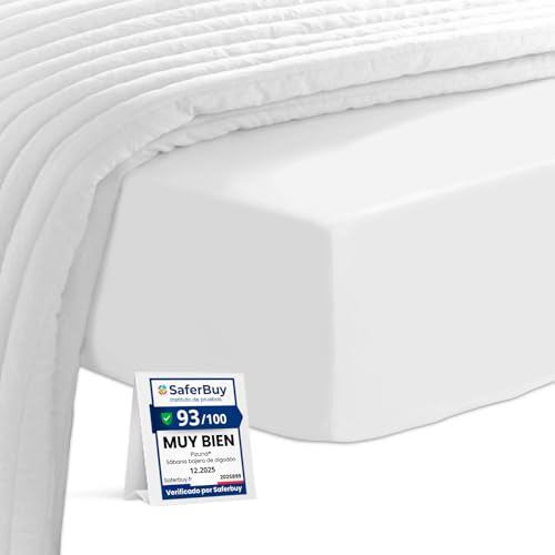 Pizuna Sabana Bajera 150x200 Ajustable Algodon Blanco,Tejido Satinado de Lujo 100% algodón de Fibra Larga de 400 Hilos Sabana Bajera 150 para colchones de hasta 40 cm de Grosor - 1 Pieza