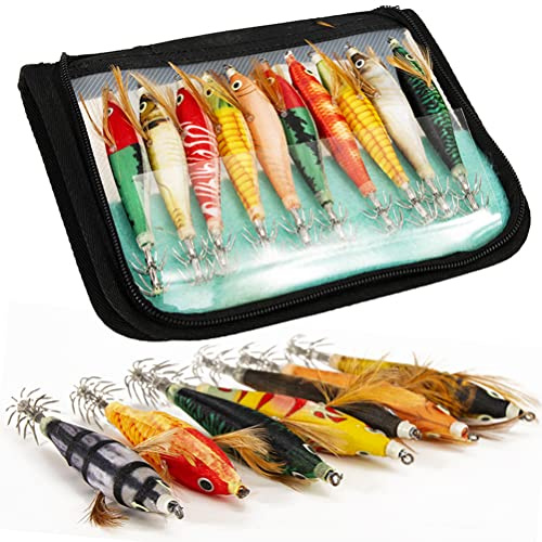 10 Pezzi Esche da Pesca Esche di Amo di Calamaro di Gamberetti di Legno, Esche di Pesce con Aci di Calamaro, Righe di Ganci Artificiali Righe Manica di Seppia