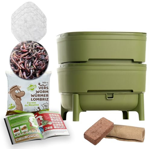 Moutta I WORMcube Vert Design & Compact I Lombricomposteur 2 Plateaux I 250gr de vers de Compost I Kit Complet I Filtre Anti-Noyade des vers