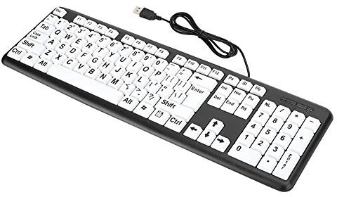 Teclado de computadora con Letra Grande, Teclado USB de Alta Visibilidad con Cable de Baja visión Teclado para Personas Mayores Letra de Gran tamaño de Alto Contraste Negro sobre tecla Blanca(Negro)