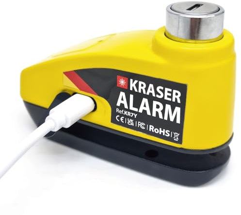 KRASER KR7Y Candado Moto con Alarma 110dB Batería Recargable USB, Sensor Movimiento, Impermeable Resistente Visible, Accesorios, Antirrobo Moto Cepo Pinza Freno Bloqueo 7mm Universal