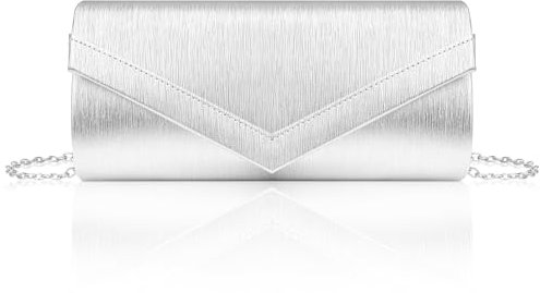 Larcenciel Clutch Silber, Damen Handtasche mit Abnehmbarer Kette, Elegant Crossbody Abendtasche für Braut, Vertikales Streifenmuster PU-Leder Umhängetasche für Hochzeit, Party, Date (22×10.5×5cm)