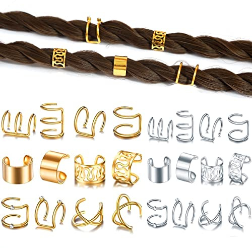 RUSTAMM 24 Pcs Gold Silver Hair Braids Dreadlock Non-Piercing Ear Clip Beard Beads Cuffs Clip Hair Accessories Styling Fashion Jewelry Gift Toos for Women Men