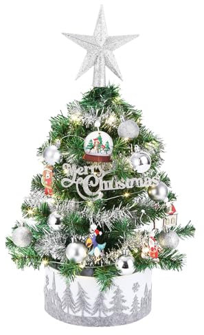 SOBEAU Mini Weihnachtsbaum Kleiner Weihnachtsbaum mit Beleuchtung, Weihnachtsbaum künstlich mit Weihnachtsdeko Silber und Led Lichterkette, 60cm Tisch Weihnachtsbaum für Weihnachten und Advent