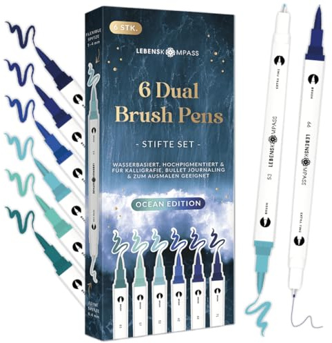 LEBENSKOMPASS® Brush Pen Set Ocean – 6 Pinselstifte in Blautönen Stifte für Handlettering, Ausmalen & Bullet Journal - Dual Tip Stifte mit feiner & flexibler Spitze