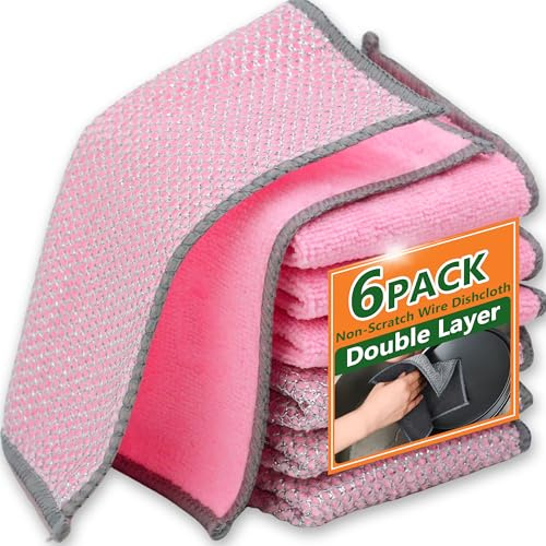 6Pack Double-Side Wire Dishcloth, Upgrade Wire Cleaning Cloths, Multipurpose Non-Scratch Wire Dishwashing Rags for Home/Kitchen(7.87''x7.87'') - Pink