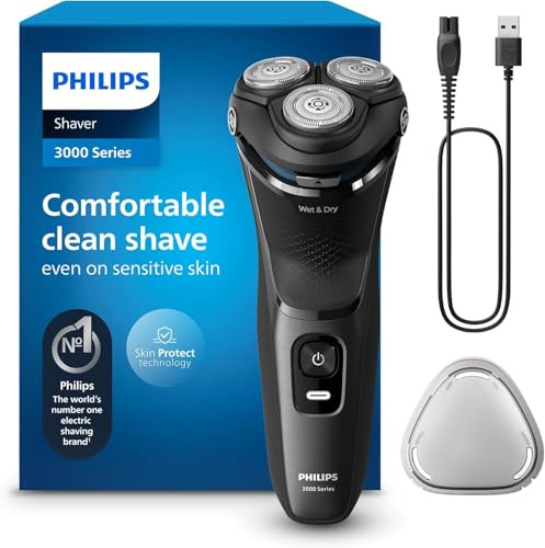 Philips Maquinilla de afeitar para hombre, serie 3000, recargable, húmeda/seca, maquinilla de afeitar eléctrica para hombre, acero metálico moderno