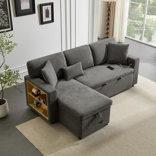 Rosebibi Divano letto ad angolo Divano angolare a forma di L Divano letto estraibile, con contenitore e scaffale integrato (grigio scuro)