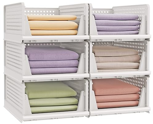 SONGMICS Organizer per Armadio Pieghevole, Set di 6 Organizzatori Cesti Impilabili Scorrevoli per Armadio, Cassetti in Plastica per Camera da Letto Ufficio Bagno, Bianco LPC600WZ01