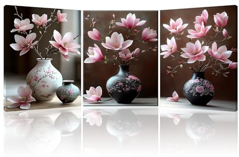 PIY PAINTING 3pcs Quadri Con Cornice Fiori Rosa in Un Vaso Stampe Su Tela Quadro Su Tela Stampe Da Parete Moderne Quadro Decorazione Murale Soggiorno Camera Da Letto Cucina Ufficio 30x40 cm