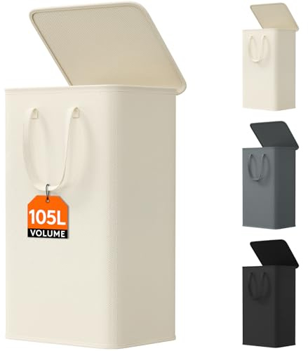 Lifewit Tvättkorg med Lock, Hopfällbar Organizer, Smal Korg Extra Platt, Förvaring Med Förlängda Handtag För Sovrum Badrum Tvättstuga, 105 L, Vit
