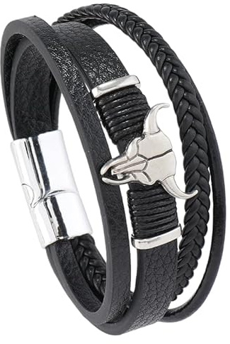 HUIANGLIYG Bracciale Da Uomo In Pelle Pu Con Testa Di Toro Gotica, Intrecciato, Unisex, Con Chiusura Magnetica, Cinturino In Corda Intrecciata Multistrato Per Uomo E Donna, Nero, 21 Cm