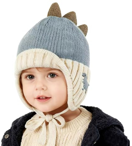 XNDZ Bonnet à rabat d'oreille pour bébé - Bonnet dinosaure pour l'automne et l'hiver - Bonnet tricoté chaud pour garçons et filles de 1 à 5 ans, bleu, 1-5 ans