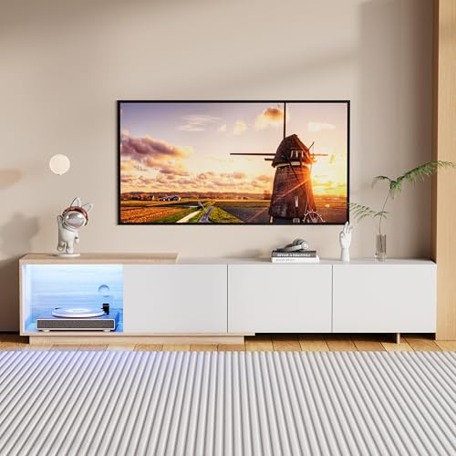 Mueble de TV extensible 163-240 cm, longitud con 3 cajones, mueble de TV blanco con iluminación LED, mueble moderno para TV de 65 pulgadas, para salón dormitorio (blanco, 163-240 x 36 x 44 cm)