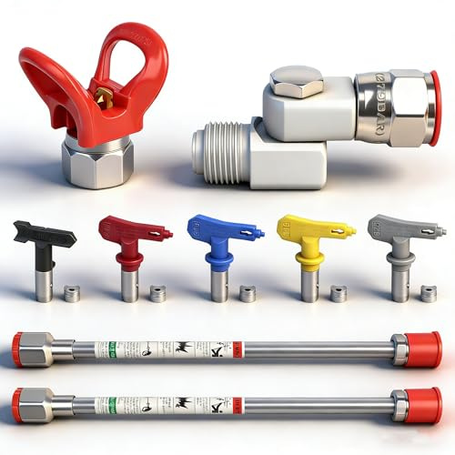 Lot de 9 pistolets pulvérisateurs Airless avec 5 buses réversibles Airless, 2 rallonges de peinture sans air de 30 cm, 2 protections de tête de buse et 1 articulation pivotante