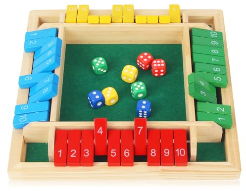 Juego de Dados de Madera Shut The Box, 22 x 22 x 4 cm, Juego de Mesa Plegable para 4 Jugadores, Multicolor con Tiras Numeradas para Bares, Fiestas, Familias y Juegos Interactivos Entre Padres e Hijos