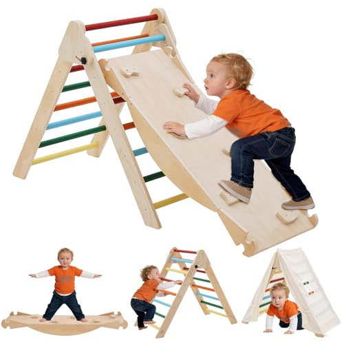 5 en 1Triángulo de Escalada,Juego de Escalada de Madera con Tobogán y Tienda de Campaña,Estructura de Escalada Montessori para Interior y Exterior,Plegable y Estable,Parque Infantil Exterior Niños