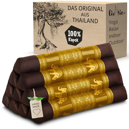 livasia Rückenstützkissen Thaiseide - 32x55x30cm - Dreieckskissen für Garten und Balkon, Keilkissen mit Kapok, handgefertigt, Meditationskissen (Braun/Gold/Elefanten Seide)