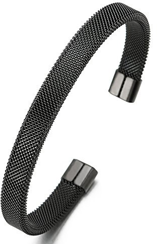 COOLSTEELANDBEYOND Elastische Verstellbare-Edelstahl Schwarz Gitter Stahlkabel Armband Herren Damen, Armreif