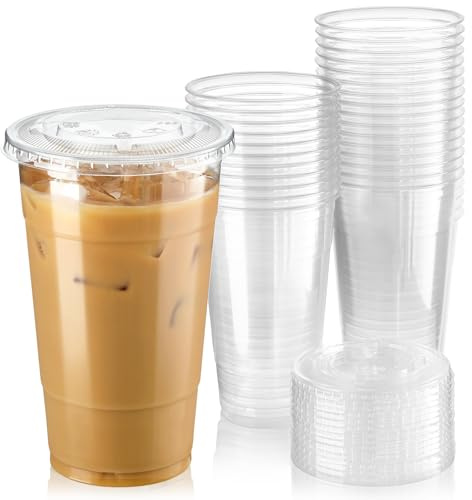 Fit Meal Prep 50 Pack 24 oz Clear Plastic Cups with Flat Lids, Disposable Iced Coffee Cups, BPA Free Premium Crystal Smoothie Cup for Party, Lemonade Stand, Cold Drinks, Juice, Milkshake